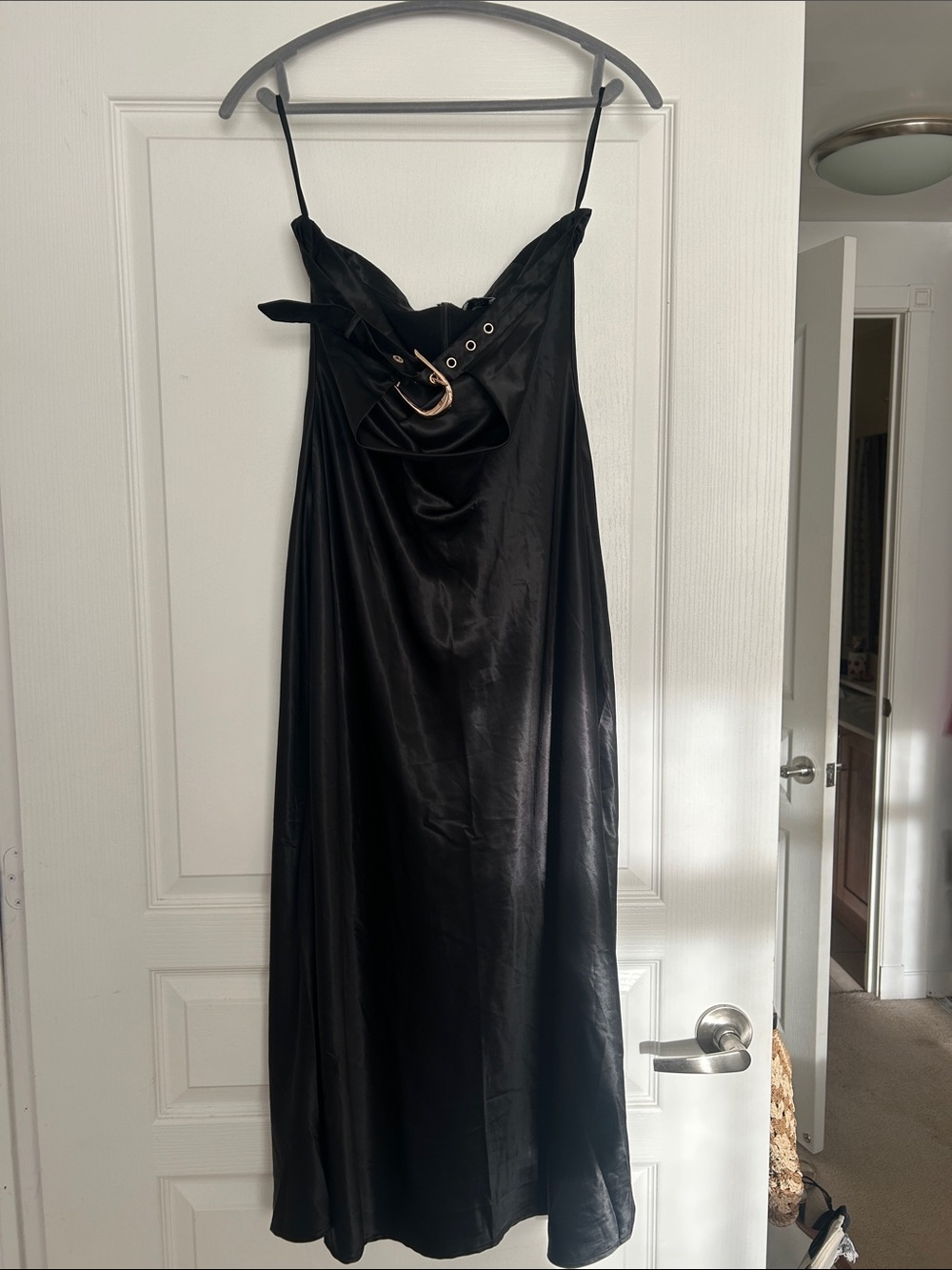 Runaway The Label black midi strapless slip dress with gold belt front closure
